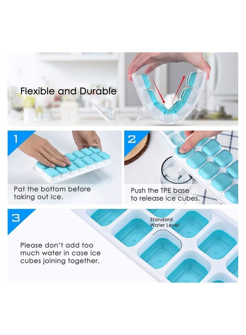 Ice Cube Trays, Easy-Release Silicone and Flexible 14-Ice Trays with Spill-Resistant Removable Lid, BPA Free Stackable Durable for Beverage Baby Food, Freezer ( 4 Pack, Blue )