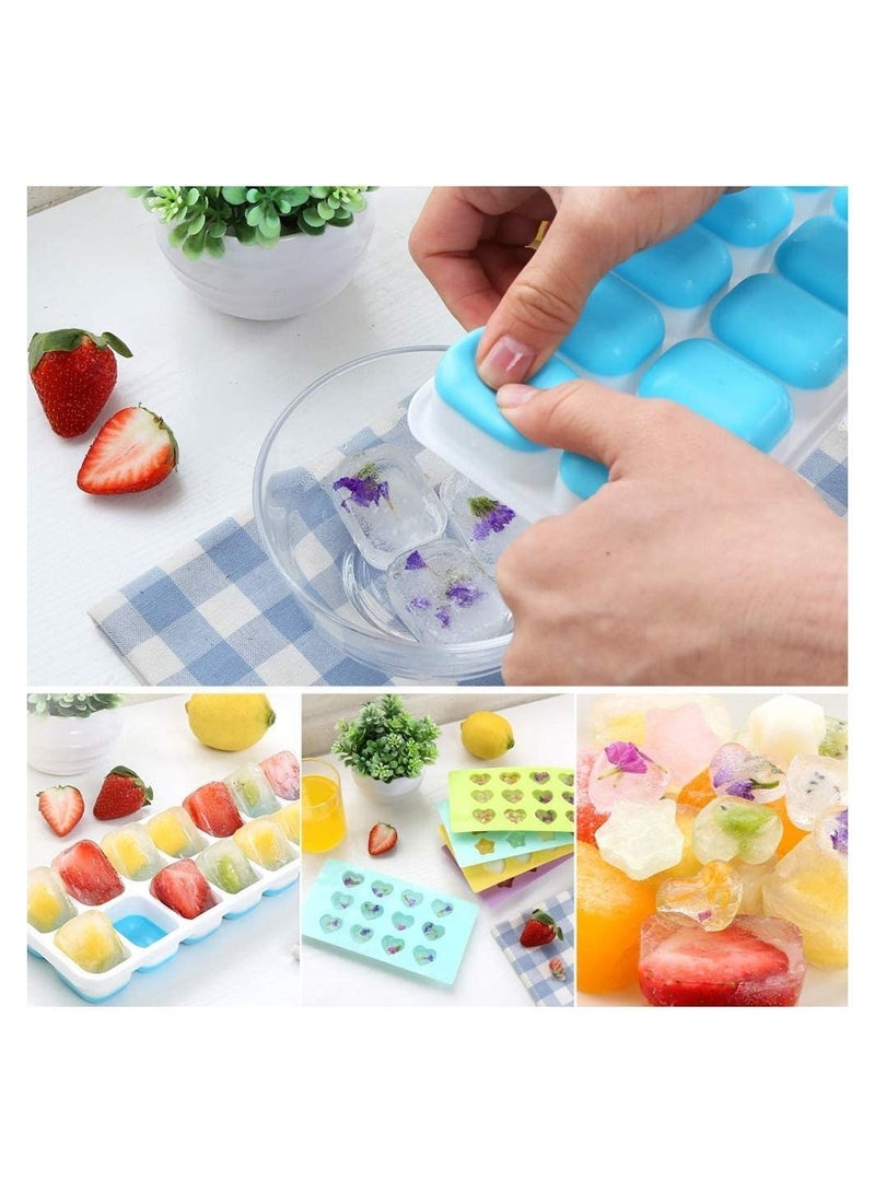 Ice Cube Trays, Easy-Release Silicone and Flexible 14-Ice Trays with Spill-Resistant Removable Lid, BPA Free Stackable Durable for Beverage Baby Food, Freezer ( 4 Pack, Blue )