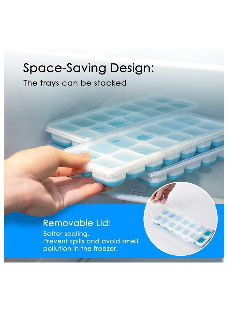 Ice Cube Trays, Easy-Release Silicone and Flexible 14-Ice Trays with Spill-Resistant Removable Lid, BPA Free Stackable Durable for Beverage Baby Food, Freezer ( 4 Pack, Blue )