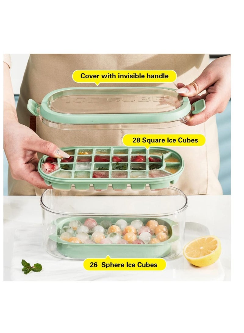 Square Ice Cube Trays for Freezer with Lid & Bin, 54PCS Tiny Tray, Suitable Chilling Drinks Coffee Juice (2 1 Bucket Scoop, Green)