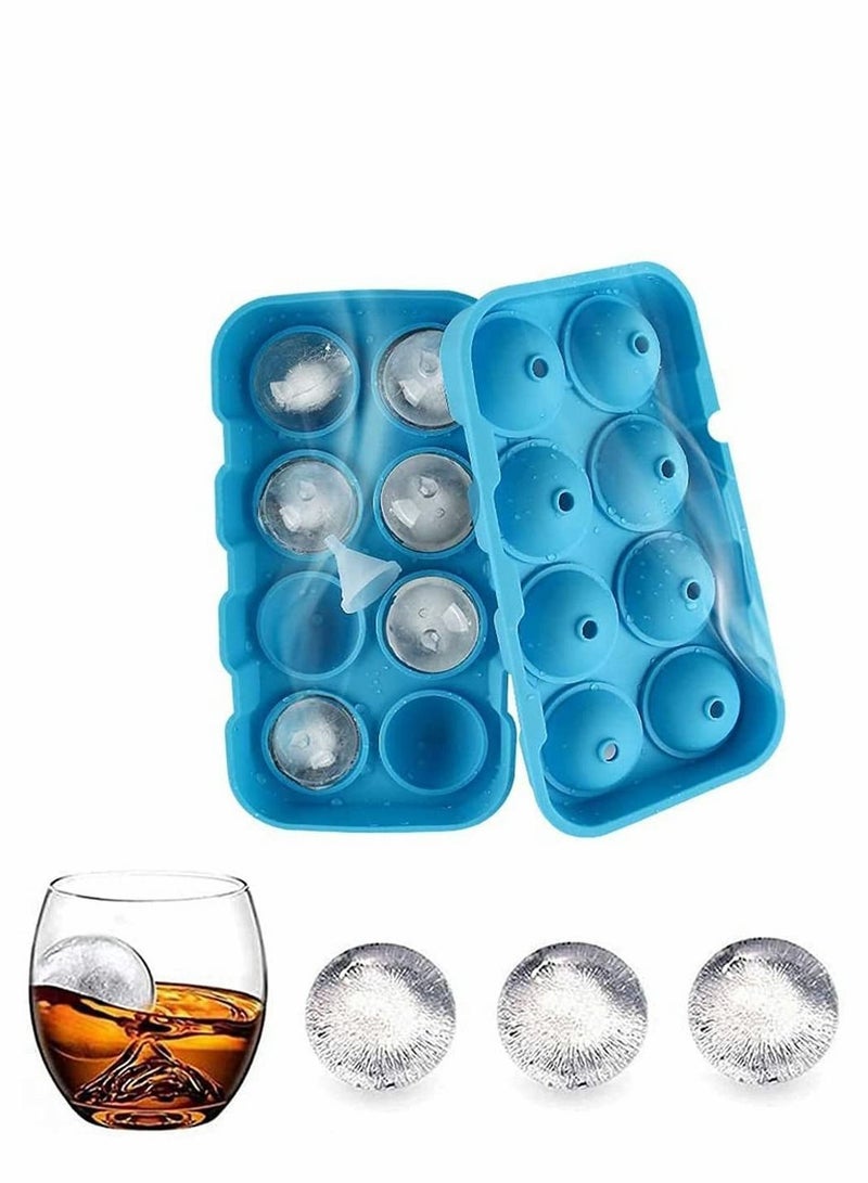 Round Ice Hockey Mold, Silicone 8 Cell Mold with Lid and Funnel, Cube Tray, BPA Free, Non Stick Easy To Demold, Maker (Blue, 1 Piece)