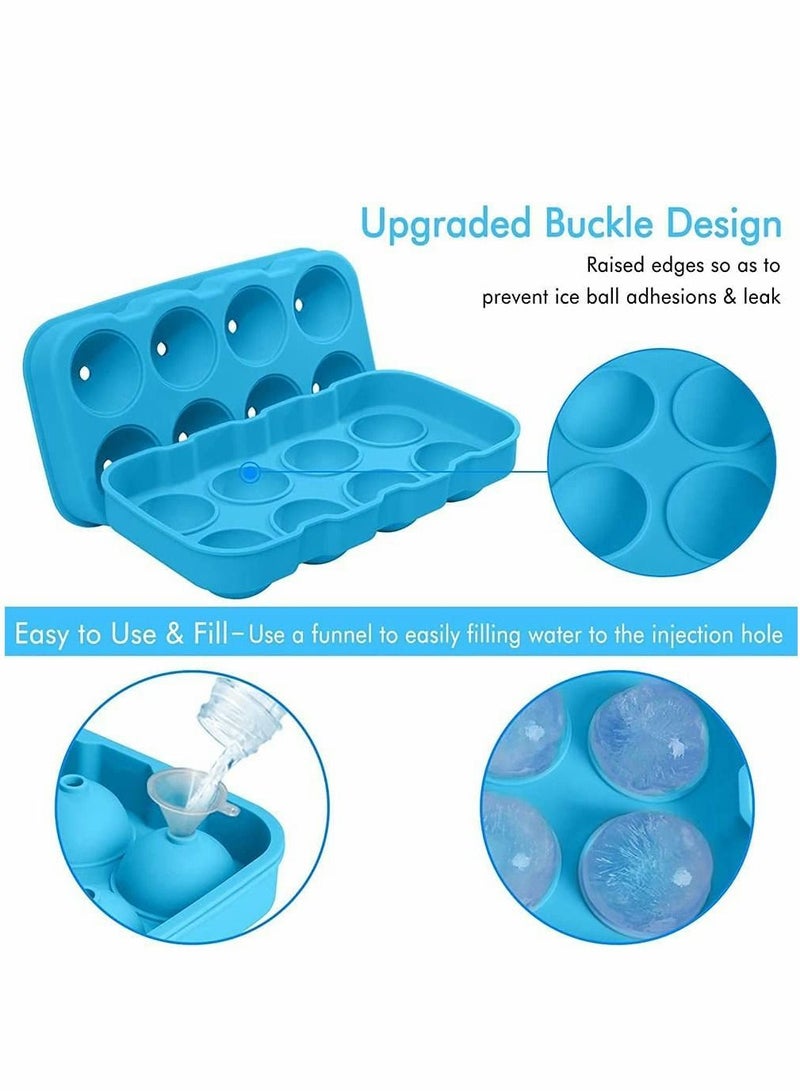 Round Ice Hockey Mold, Silicone 8 Cell Mold with Lid and Funnel, Cube Tray, BPA Free, Non Stick Easy To Demold, Maker (Blue, 1 Piece)