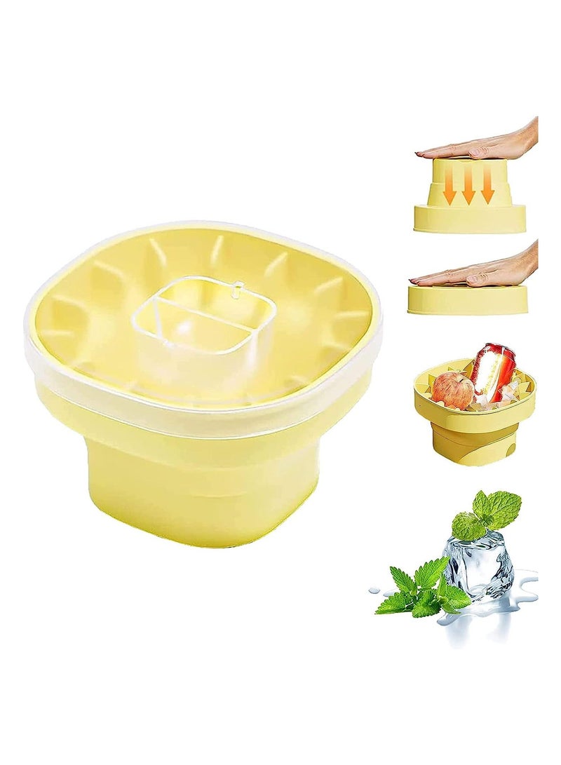 Folding Silicone Ice Bucket, 2 in 1 Tray Mold Portable ice cube molds, Square Water Pail with Lid, Bucket Tub for Camping, Travelling, Picnicing Outdoor, Yellow