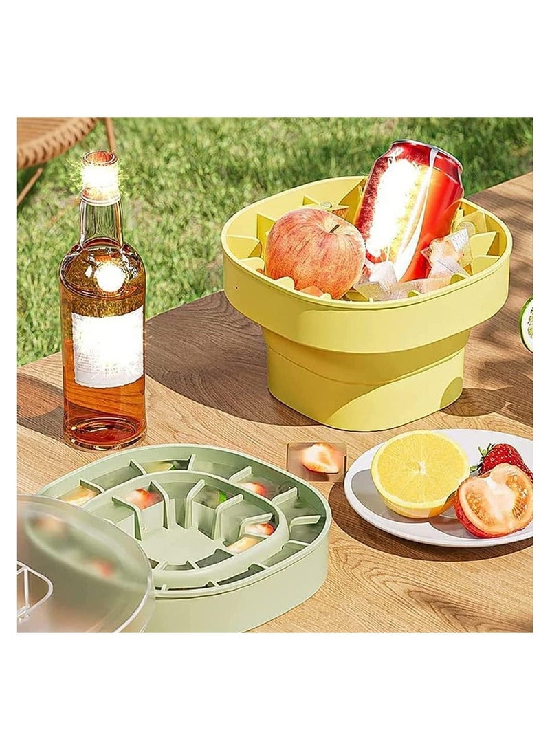 Folding Silicone Ice Bucket, 2 in 1 Tray Mold Portable ice cube molds, Square Water Pail with Lid, Bucket Tub for Camping, Travelling, Picnicing Outdoor, Yellow