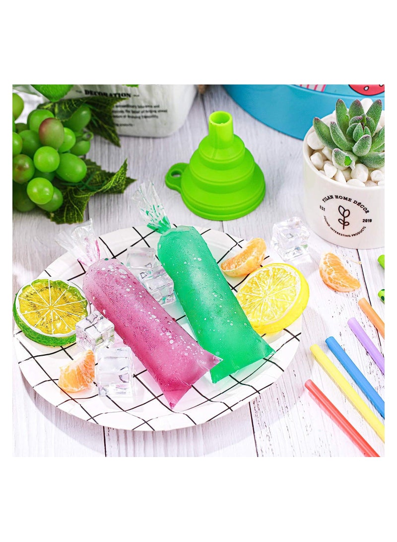 200 Pieces Kids Ice Lolly Bags Disposable Cream with Silicone Foldable Funnel, Mold DIY Pouch for Making Cream, Candy, Yogurt, Freeze Pops(2 x 8 inch)