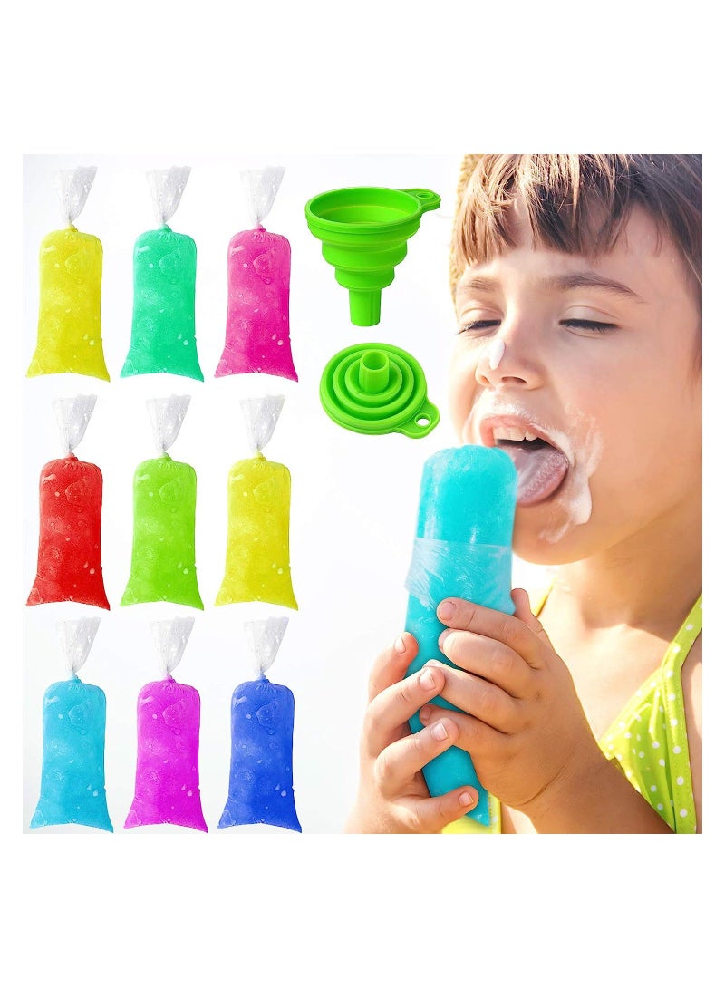 200 Pieces Kids Ice Lolly Bags Disposable Cream with Silicone Foldable Funnel, Mold DIY Pouch for Making Cream, Candy, Yogurt, Freeze Pops(2 x 8 inch)