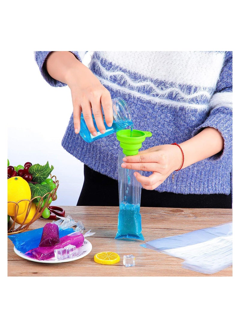 200 Pieces Kids Ice Lolly Bags Disposable Cream with Silicone Foldable Funnel, Mold DIY Pouch for Making Cream, Candy, Yogurt, Freeze Pops(2 x 8 inch)
