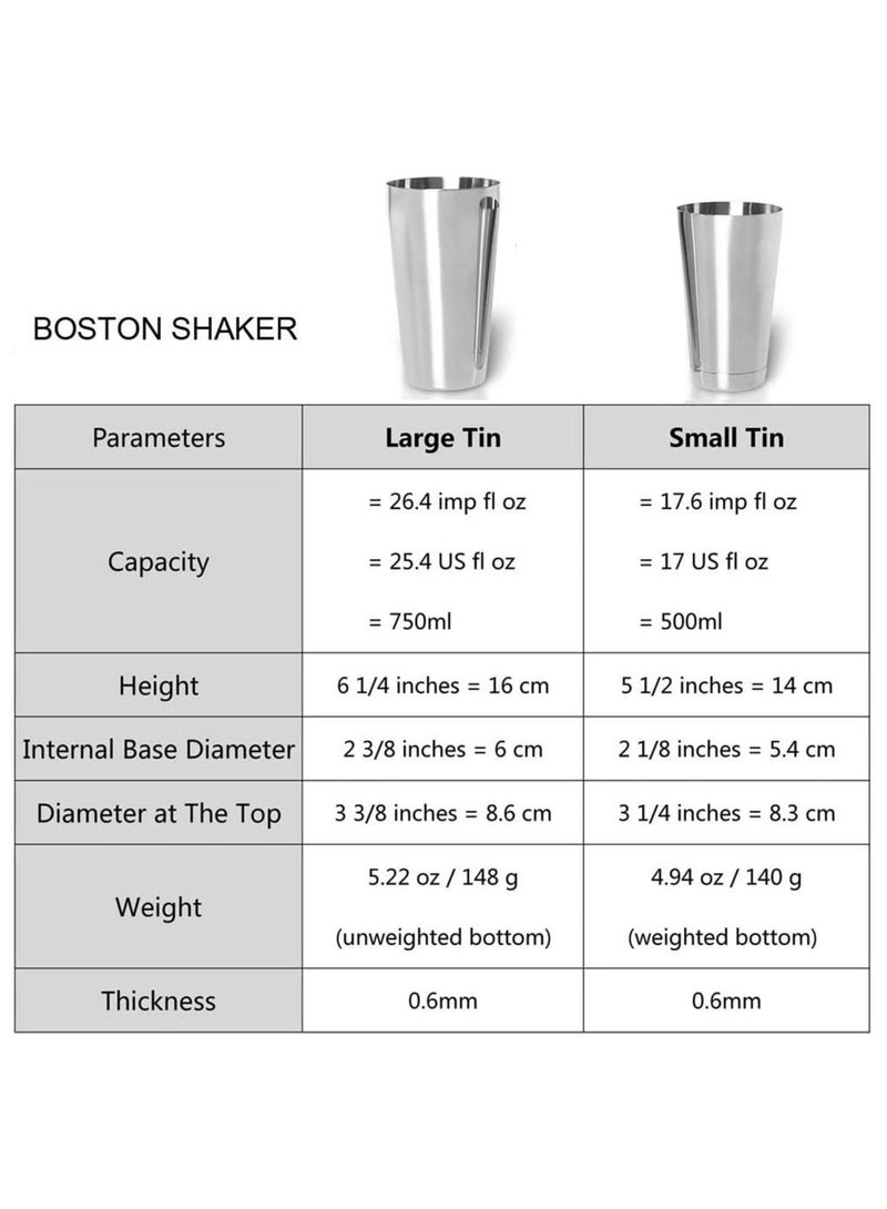 Boston Cocktail Shaker, 2-Piece All Stainless Steel Boston Shaker Tins, 18oz Weighted and 26oz Unweighted Boston Cocktail Shaker Bar Set for Professional Bartenders and Home Cocktail Lovers