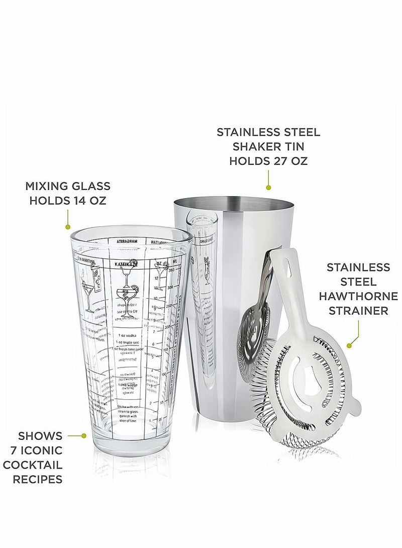 Boston Cocktail Shaker 3 Piece Professional Shaker Bar Set for Professional Bartenders and Home Cocktail Lover Bartending Essential Tools 14oz Mixing Glass 27oz Shaking Tin and Hawthorne Strainer