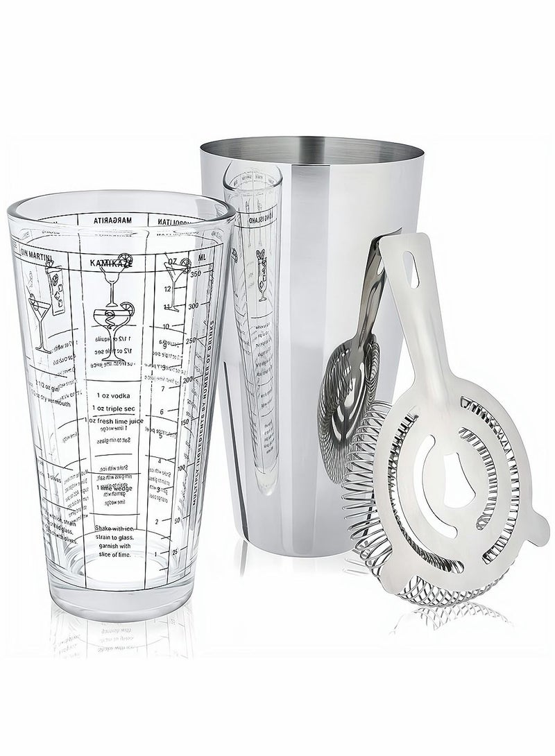 Boston Cocktail Shaker 3 Piece Professional Shaker Bar Set for Professional Bartenders and Home Cocktail Lover Bartending Essential Tools 14oz Mixing Glass 27oz Shaking Tin and Hawthorne Strainer