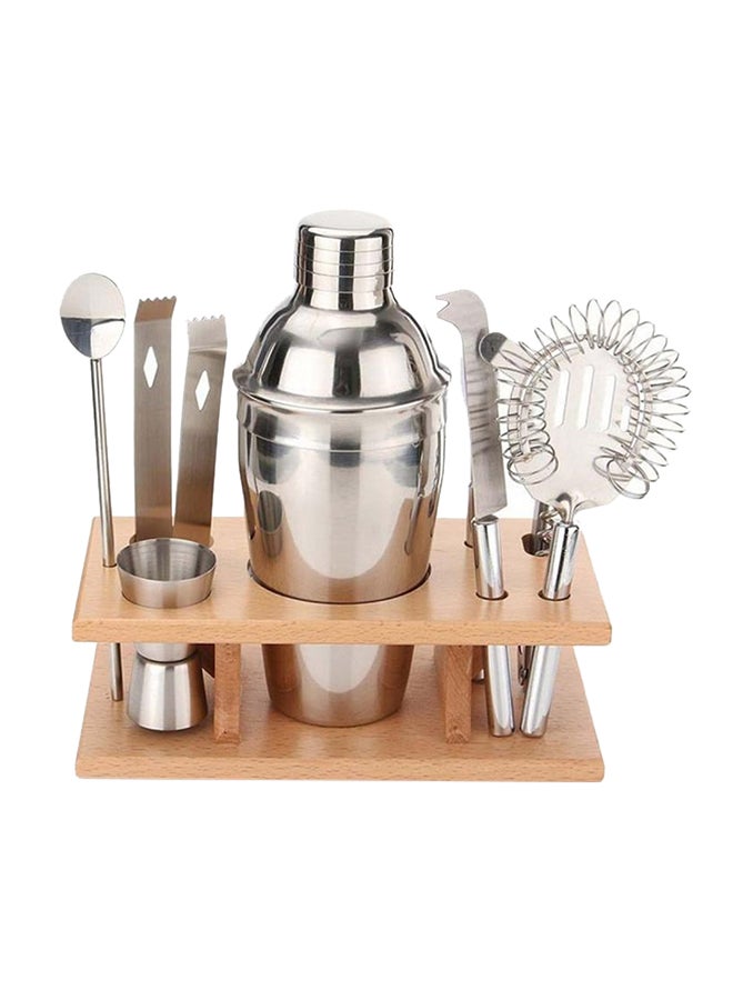 9-Piece Cocktail Shaker Set With Stand Silver/Brown 750ml