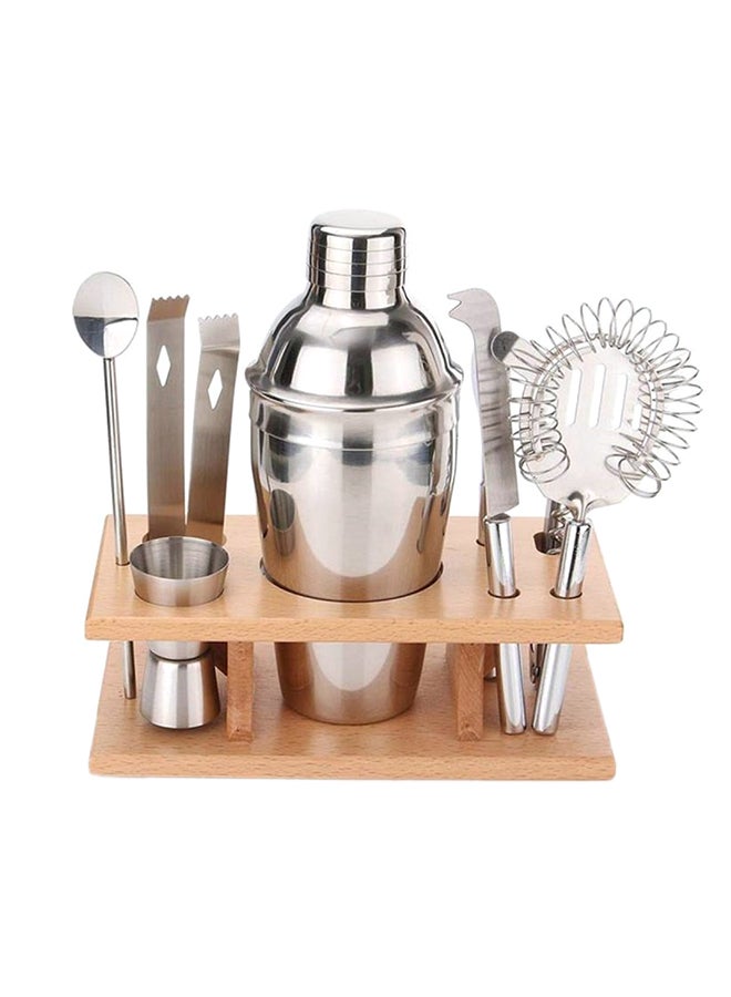 9-Piece Cocktail Shaker Set With Stand Silver/Brown 350ml