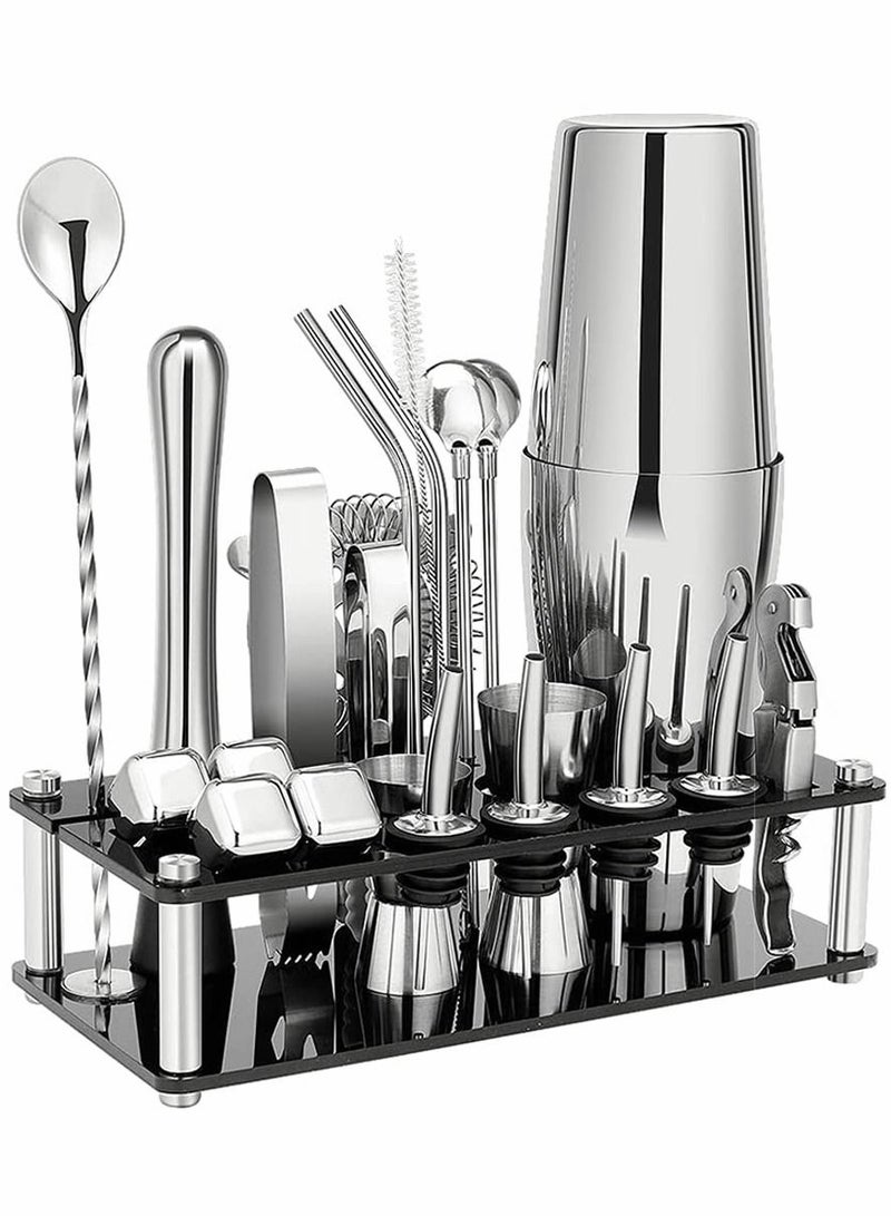 23-Piece Cocktail Shaker Set Boston Stainless Steel Bartender Kit Silver/Black 14x10.5x28cm