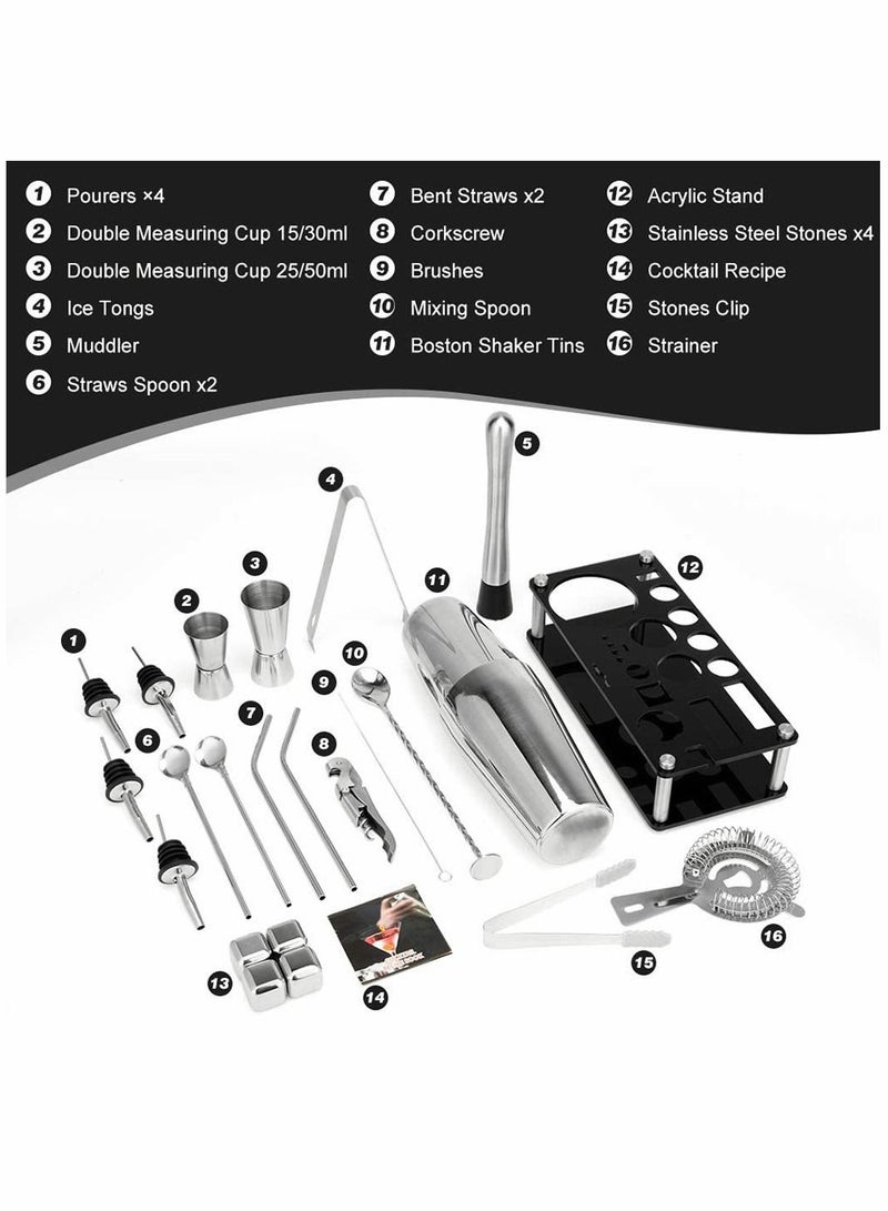 23-Piece Cocktail Shaker Set Boston Stainless Steel Bartender Kit Silver/Black 14x10.5x28cm
