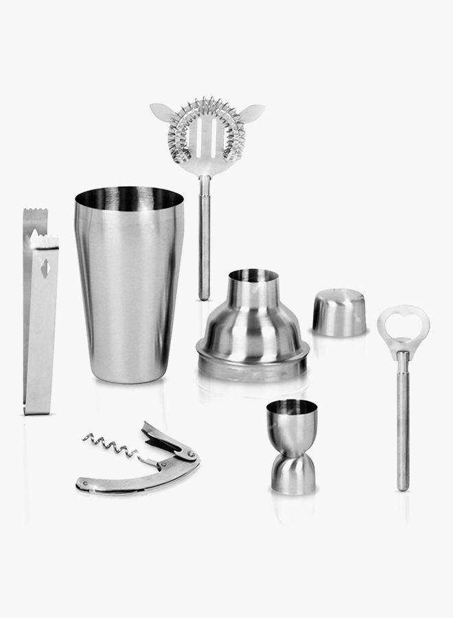 8-Piece Cocktail Shaker With Wood Stand Bar Set Silver 550ml