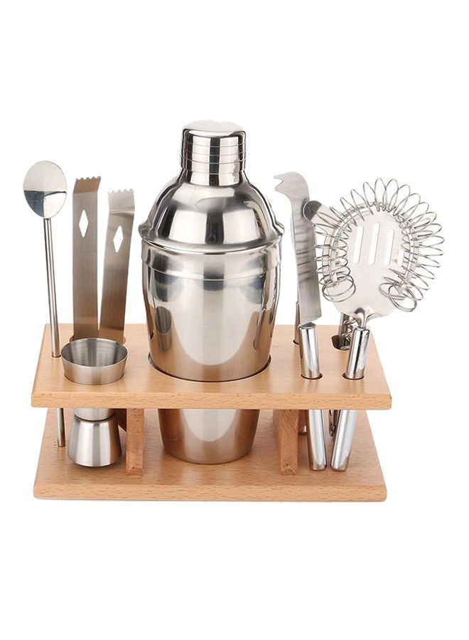 8-Piece Cocktail Shaker With Wood Stand Bar Set Silver 550ml