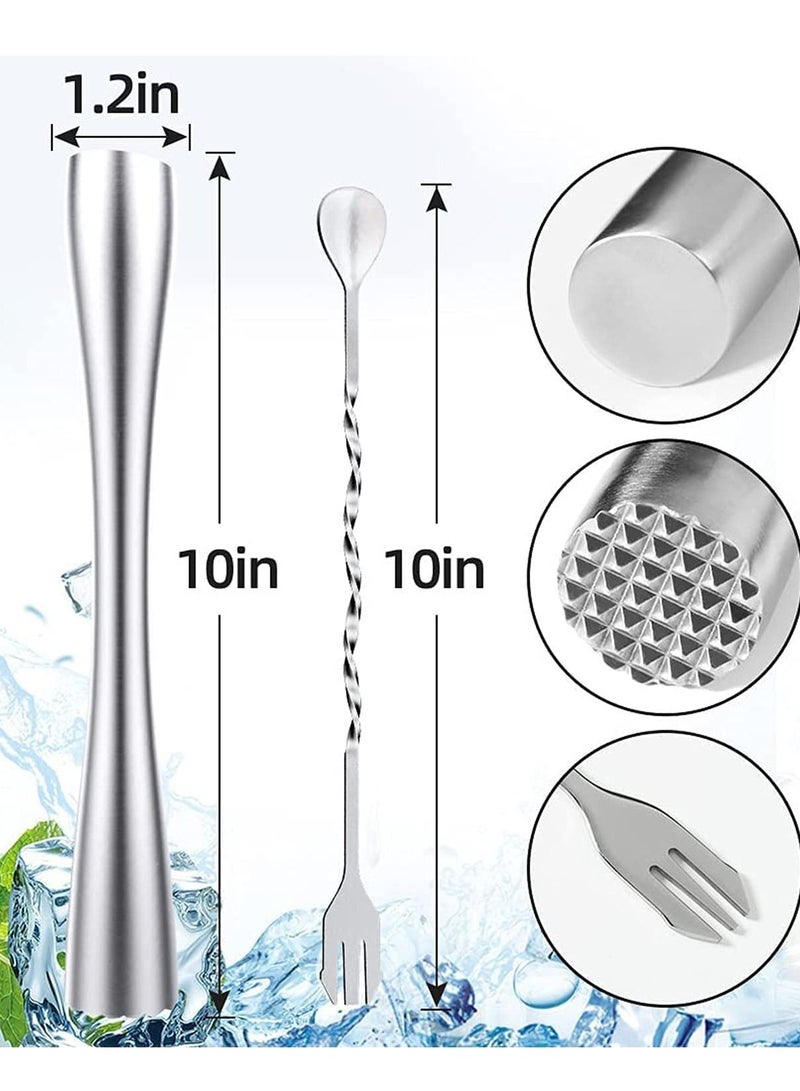 Muddler for Drinks, 10-inch Stainless Steel and Mixing Spoon Drink with Case, Home Tool Set, Tools Fruit Based Drinks Birthday, Party, Housewarming