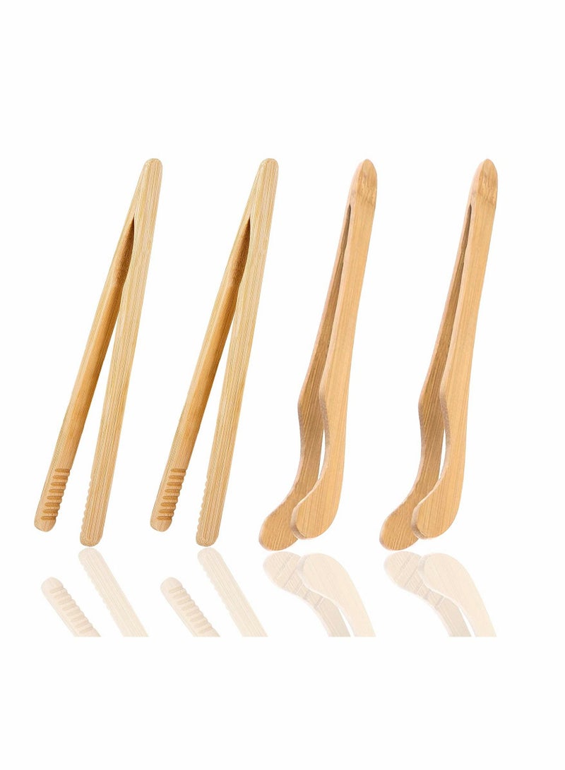 Bamboo Toaster Tongs, 18 cm/7 inch Wooden Cooking Tongs Kitchen Reusable Toast Tong Classic Wood Food Clip Tongs for Bread Grill Cheese Pickles Tea Fruit- Bamboo Kitchen Utensil Tongs, 4 Pcs