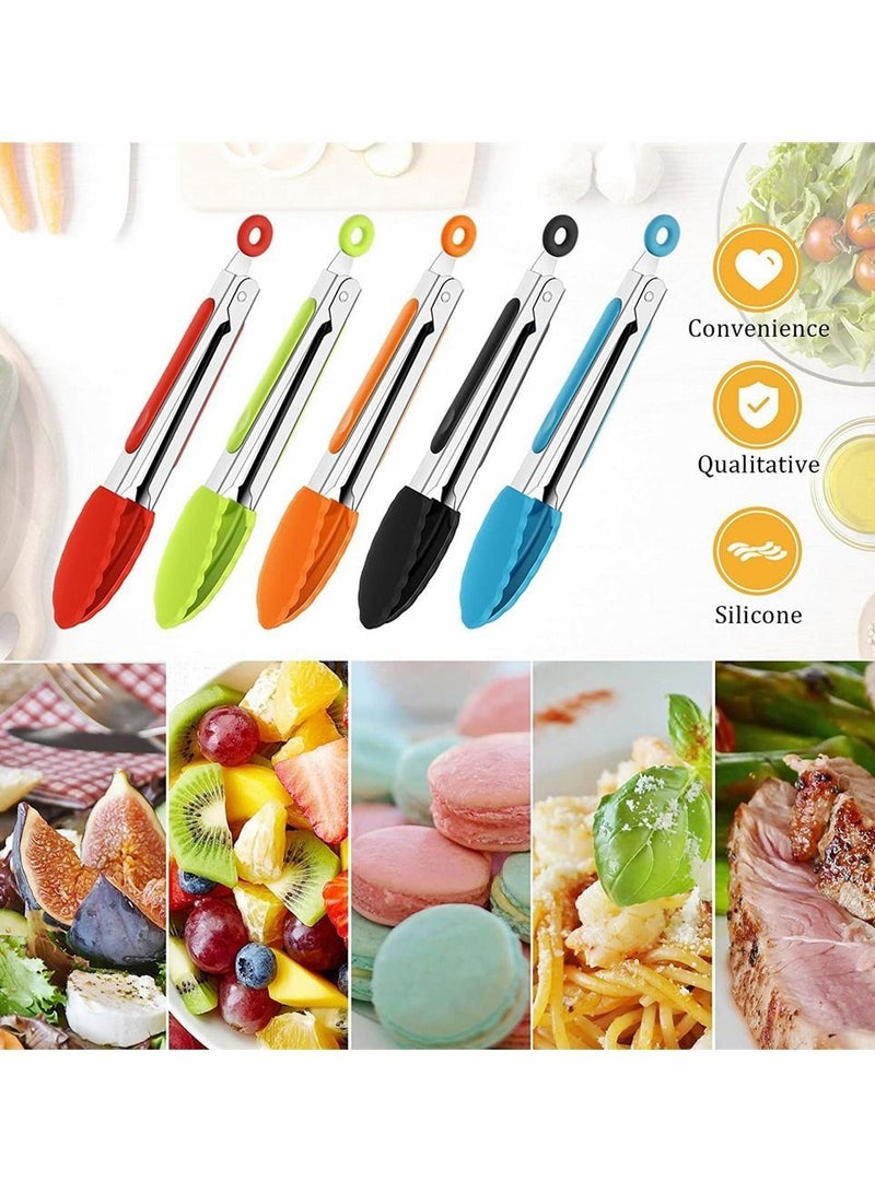 7 Inch Silicone Tongs, Mini Kitchen Tongs With Tips Small Serving Stainless Steel Cooking For Salad, Grilling, Frying And (Black, Red, Blue, Orange, Green, 5 PCS)