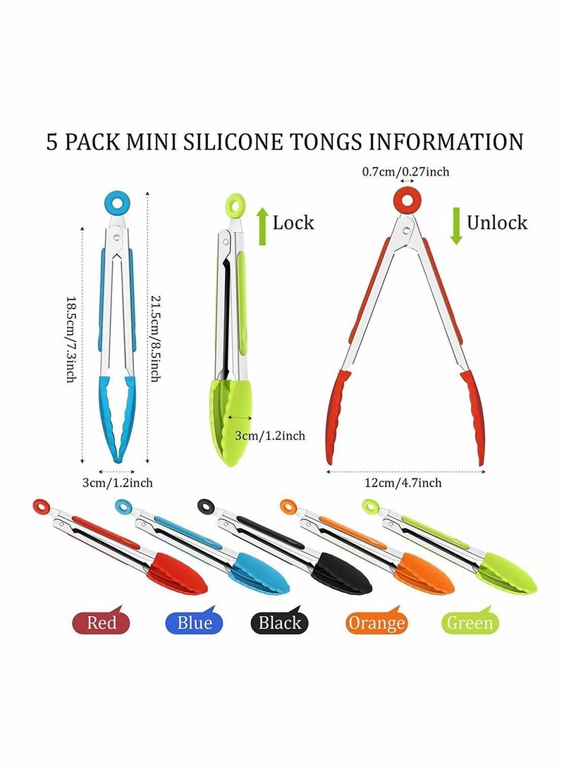 7 Inch Silicone Tongs, Mini Kitchen Tongs With Tips Small Serving Stainless Steel Cooking For Salad, Grilling, Frying And (Black, Red, Blue, Orange, Green, 5 PCS)