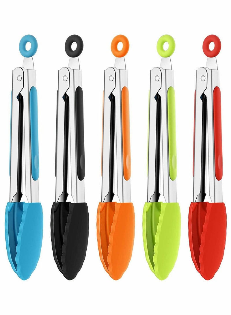 7 Inch Silicone Tongs, Mini Kitchen Tongs With Tips Small Serving Stainless Steel Cooking For Salad, Grilling, Frying And (Black, Red, Blue, Orange, Green, 5 PCS)