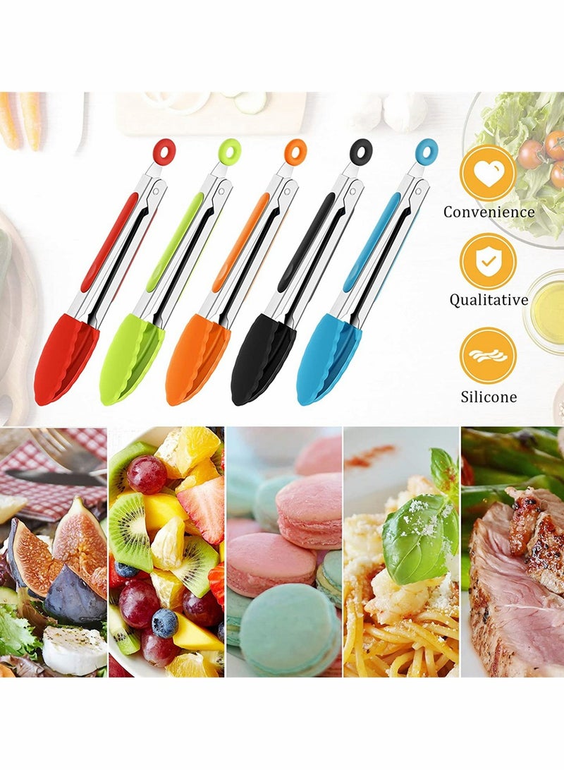 7 Inch Silicone Tongs, Mini Kitchen Tongs With Silicone Tips Small Serving Tongs Stainless Steel Cooking Tongs For Salad, Grilling, Frying And Cooking (Black, Red, Blue, Orange, Green, 5 PCS)