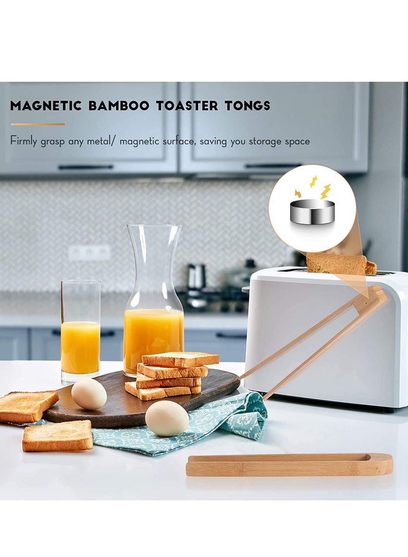 Wooden Toaster Tongs With Magnet Magnetic Bamboo Wood Toast Natural Kitchen Utensil Accessories for Cooking Bagel Cake Muffin Bread Set of 2 (8.7 Inch)