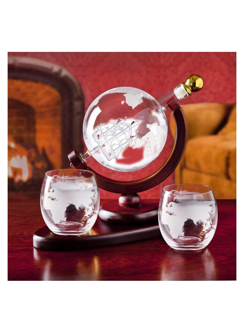 Whiskey Decanter Globe Set with 2 Etched Whiskey Glasses,Reusable Whiskey Stone Ice Cubes