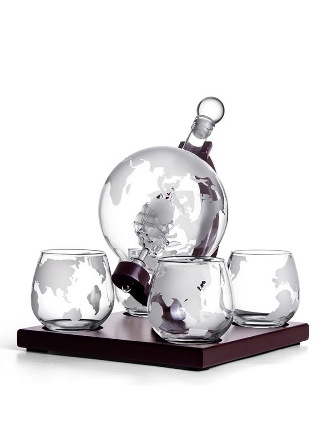 Whiskey Decanter Globe Set with 4 Etched Whiskey Glasses,Reusable Whiskey Stone Ice Cubes, Cherry Wood Stand,850ml
