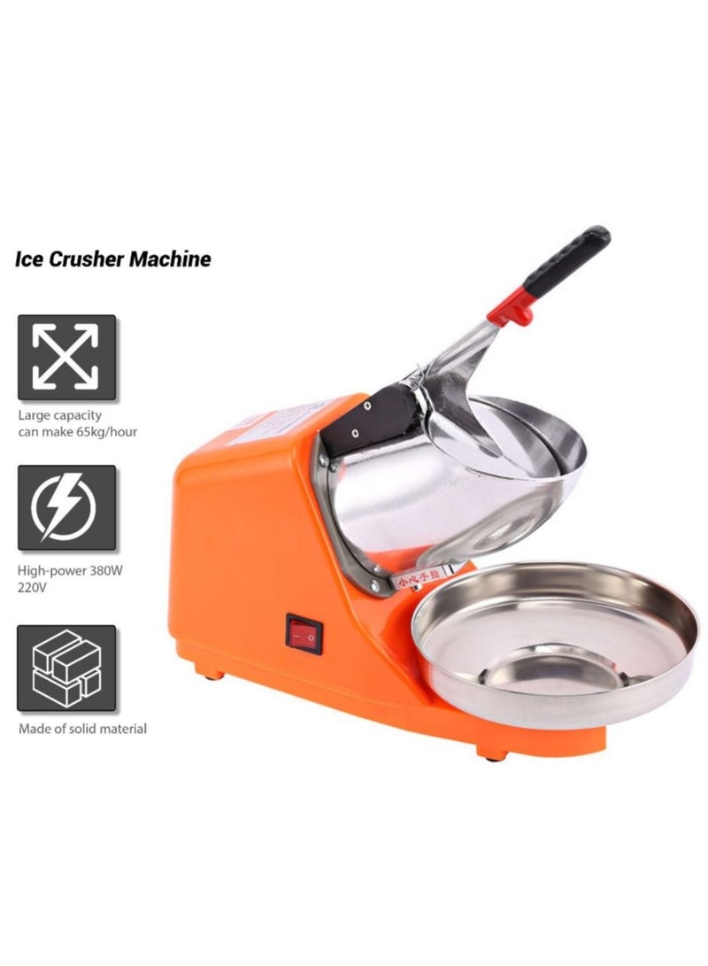 Electric Ice Crusher 220V Electric Ice Shaver Machine with Double Blades，Bowl and Vover 500W Electric Snow Cone Maker for Shaved Ice Margaritas Home Commercial  Use，Orange