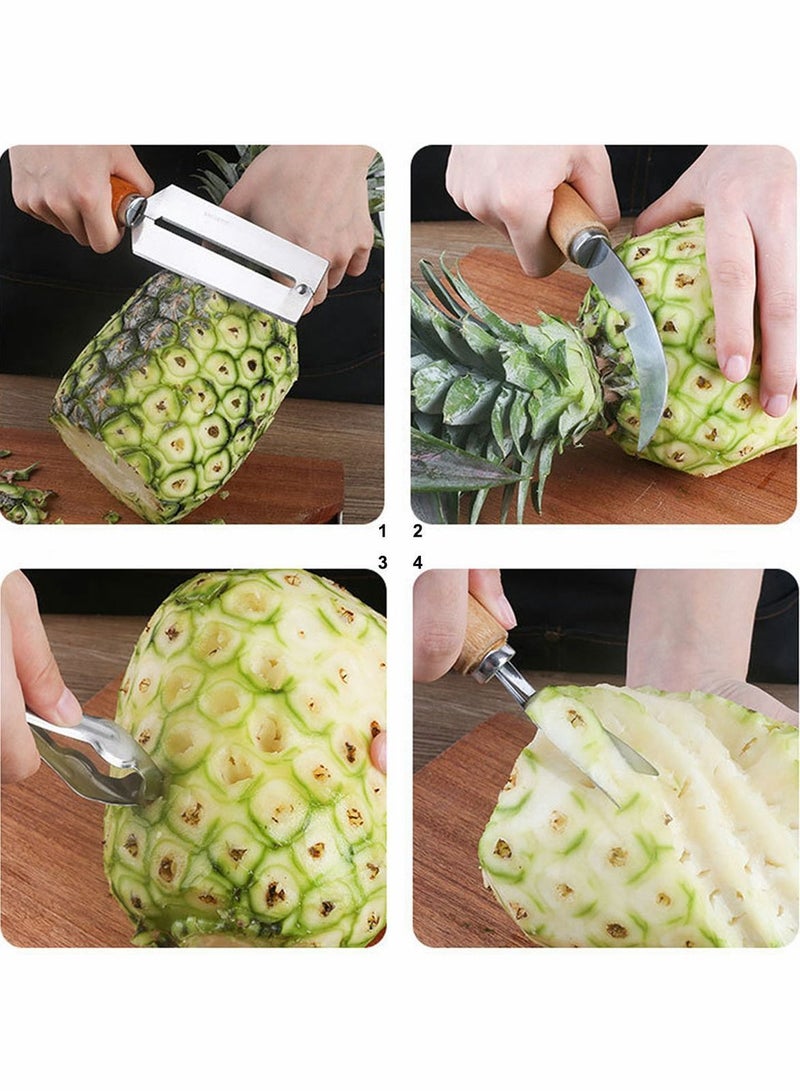 Sugarcane Peeling Kinves Pineapple Knife 4 in 1 Stainless Steel Blade Natural Nonslip Wooden Handle Peeler