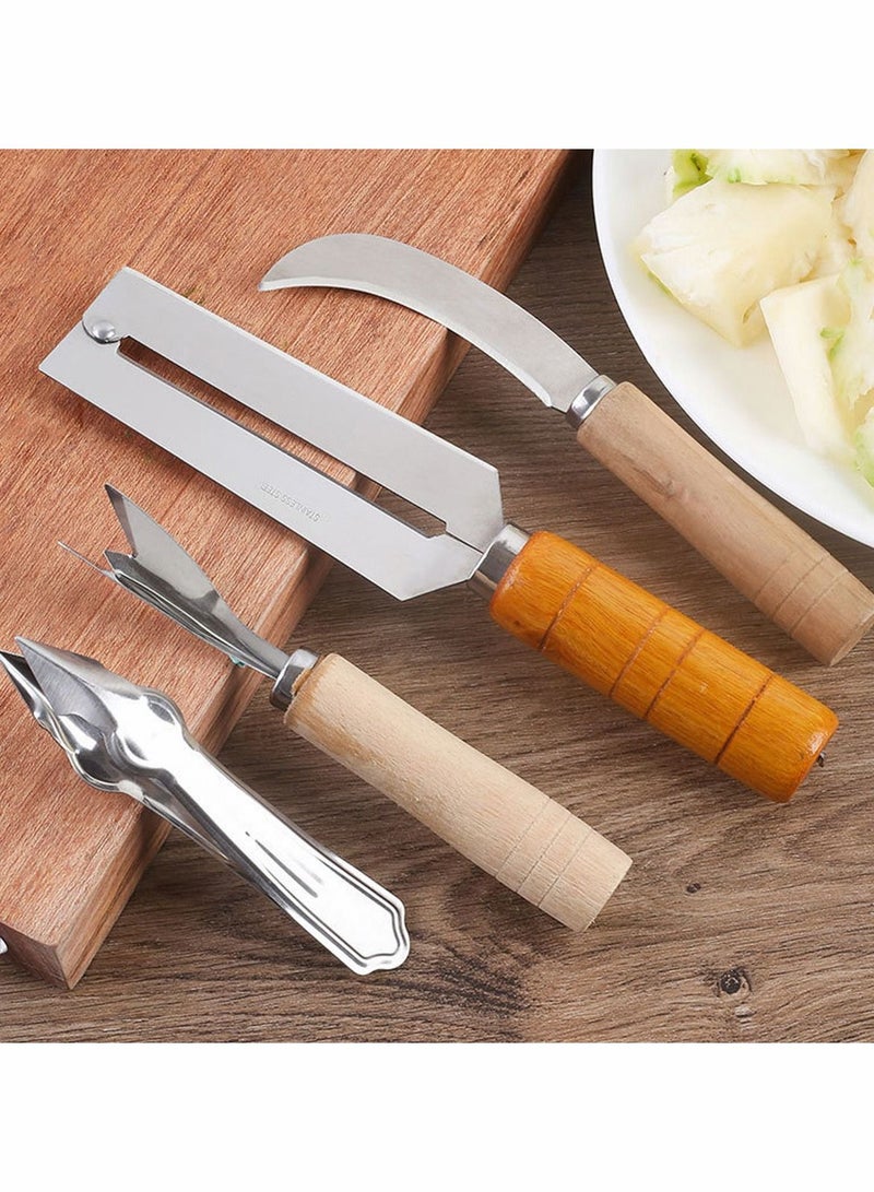 Sugarcane Peeling Kinves Pineapple Knife 4 in 1 Stainless Steel Blade Natural Nonslip Wooden Handle Peeler