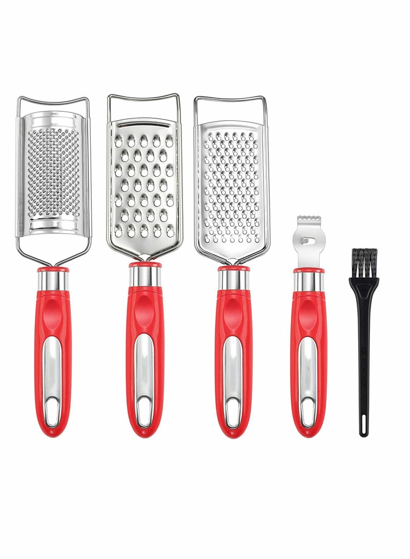 Food Grater Cheese Stainless Steel for Ginger Garlic Nutmeg Chocolate Vegetables Lemon Dishwasher Safe Set of 5(Red)