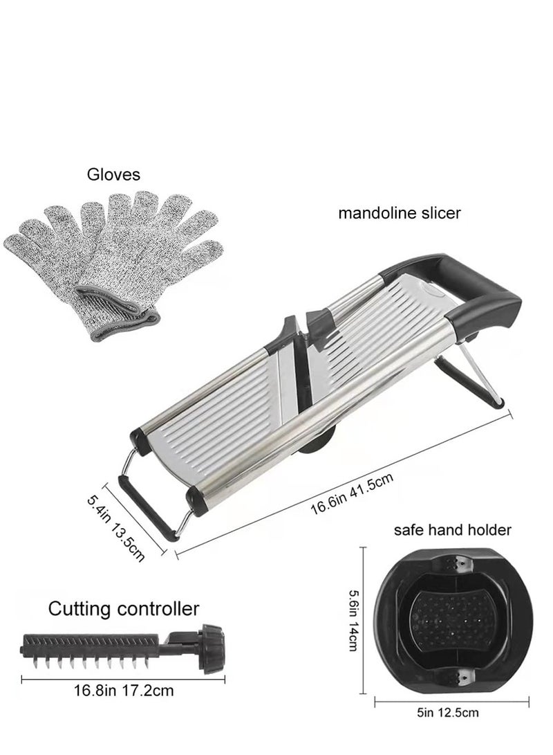 Mandoline Food Slicer for Kitchen with Cut Resistant Gloves, Adjustable Stainless Steel Vegetable Chopper Fruits Potato Onion Tomato Julienne Cutter