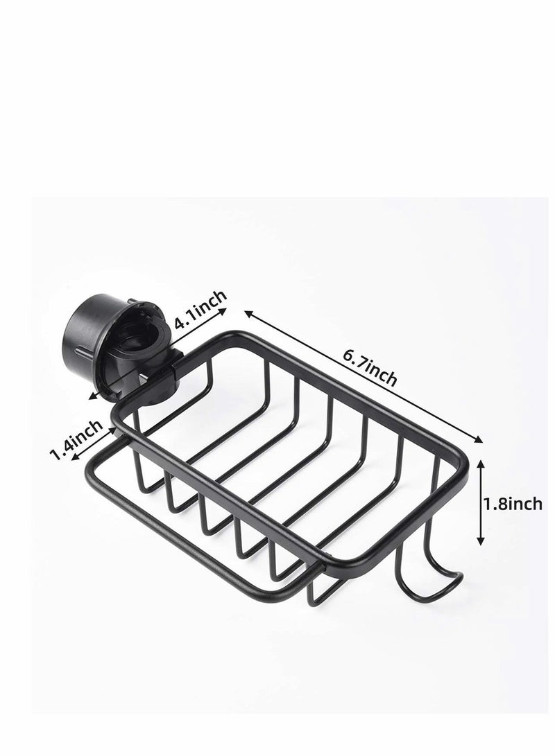 Faucet Sponge Holder Soap Dishcloth Brush Sink Caddy Drain Rack Aluminum Organizer for Kitchen Bathroom with Hook and Bar, Matte Black