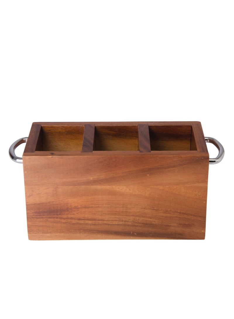 Wooden Cutlery Holder With Metal Handle Brown