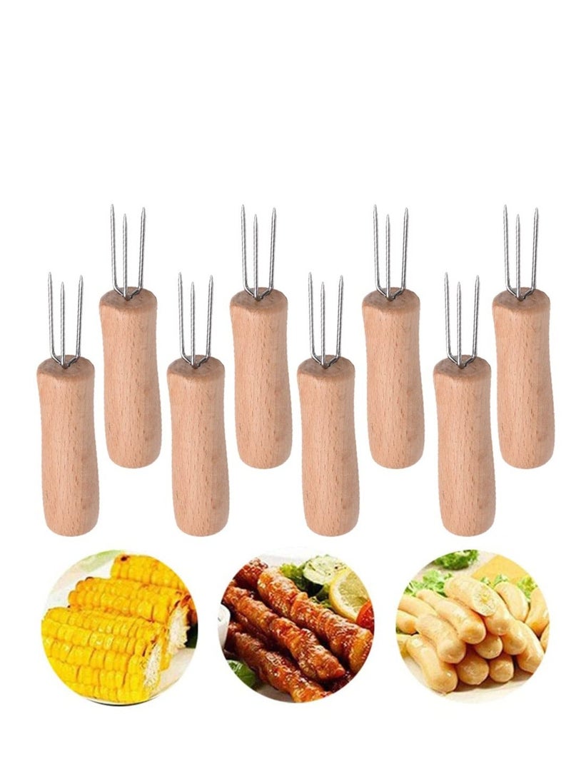 8 pcs Corn Forks Holders, Holder, Cob Skewers, Stainless Steel on The Cob, Skewers with Wooden, for BBQ, Home Cooking, Picnics, Parties and Camping