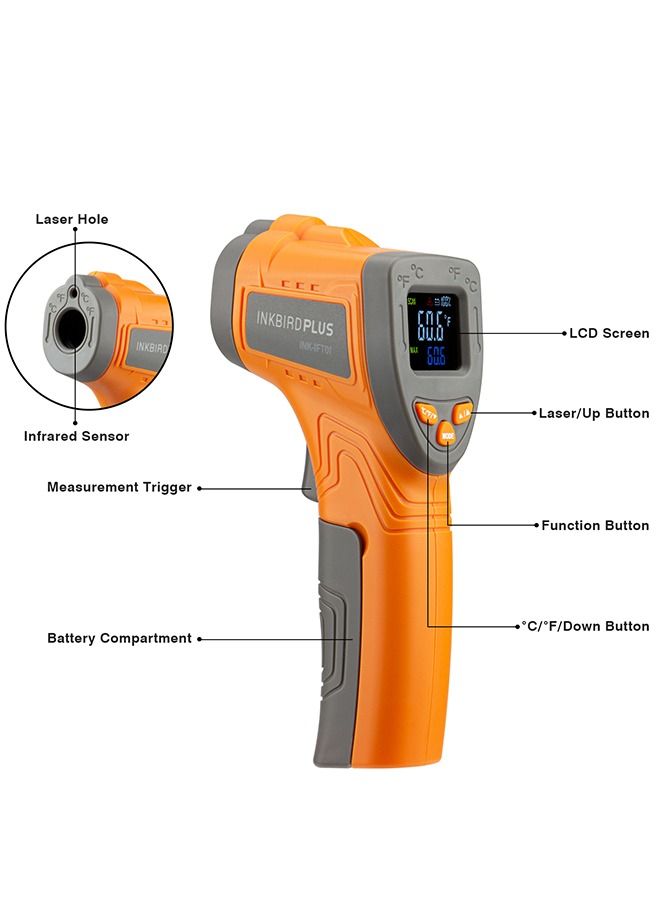 INKBIRD INK-IFT01 Infrared Thermometer Non-Contact Digital Laser Temperature Thermometer with Adjustable Emissivity Max Measure -50℃~550℃ Instant Read for Cooking Barbecue Automotive and Industrial