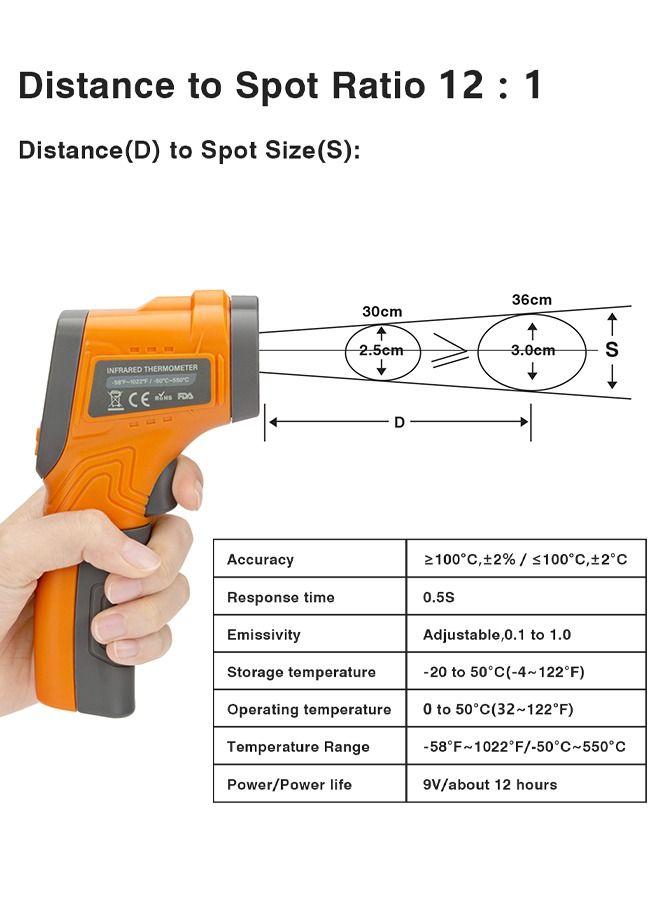 INKBIRD INK-IFT01 Infrared Thermometer Non-Contact Digital Laser Temperature Thermometer with Adjustable Emissivity Max Measure -50℃~550℃ Instant Read for Cooking Barbecue Automotive and Industrial