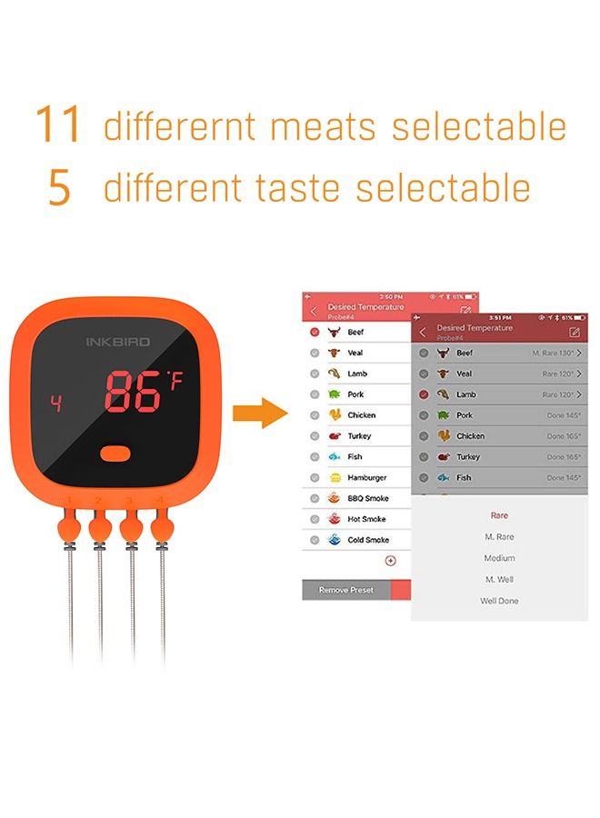 INKBIRD Meat Probe Thermometer Waterproof Bluetooth Thermometer IBT-4XC BBQ Grill Thermometer Wireless Digital Cooking Food Thermometers for Weber Smoker Kitchen Oven