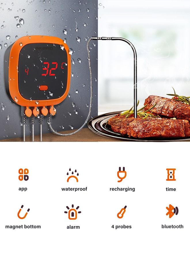 INKBIRD Meat Probe Thermometer Waterproof Bluetooth Thermometer IBT-4XC BBQ Grill Thermometer Wireless Digital Cooking Food Thermometers for Weber Smoker Kitchen Oven