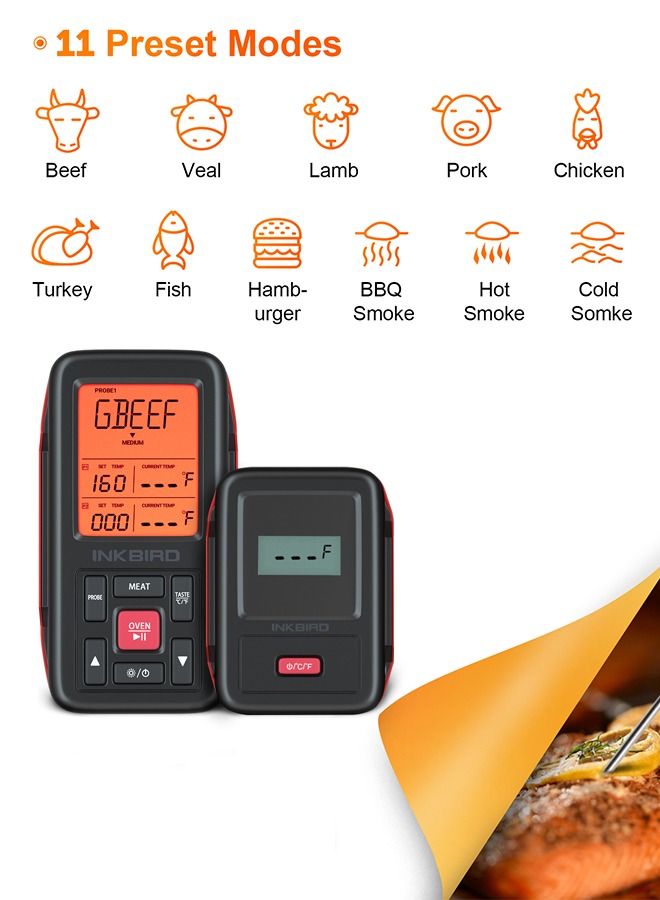 INKBIRD Food Thermometer BBQ Wireless 150M Remote Meat Thermometer with 2 Meat Probes IRF-2SA Fahrenheit & Celsius Instant Read Digital Thermometer Grill Kitchen Outdoor Cooking Weber Smoker Oven