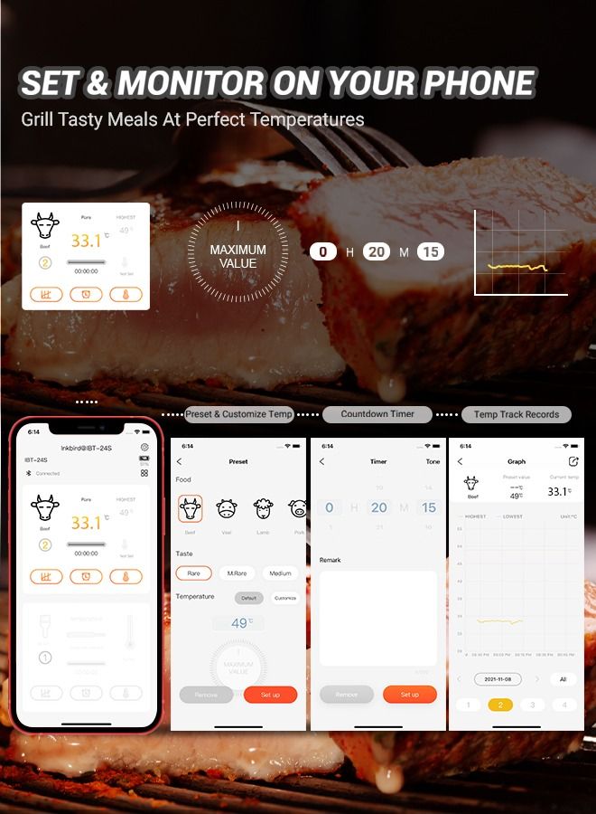 INKBIRD Meat Thermometer with 4 Colored Probes Bluetooth Temperature Graph Real-time Check & Download BBQ Grill Thermometer Rechargeable 50M Wireless Distance for Kitchen Food Thermometer IBT-24S