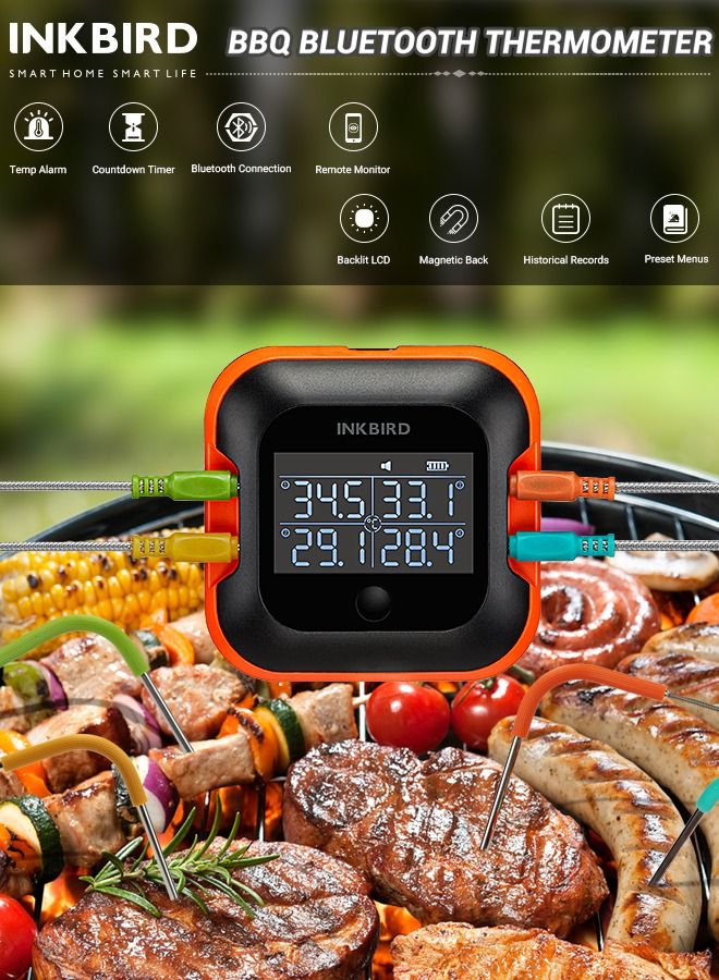 INKBIRD Meat Thermometer with 4 Colored Probes Bluetooth Temperature Graph Real-time Check & Download BBQ Grill Thermometer Rechargeable 50M Wireless Distance for Kitchen Food Thermometer IBT-24S