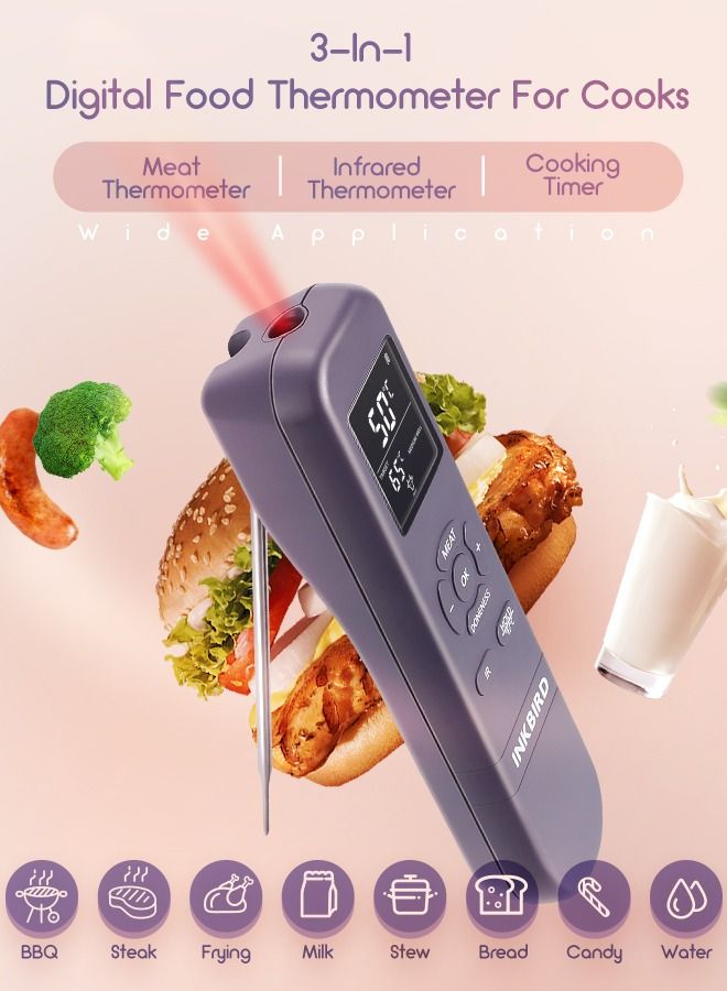 INKBIRD 3-in-1 Instant Read Meat Thermometer Infrared Read Thermometer IHT-1M for Kitchen Cooking Temperature with Meat Probe Digital Food Thermometer with Alarm and Timer for BBQ Grilling Pizza Oven