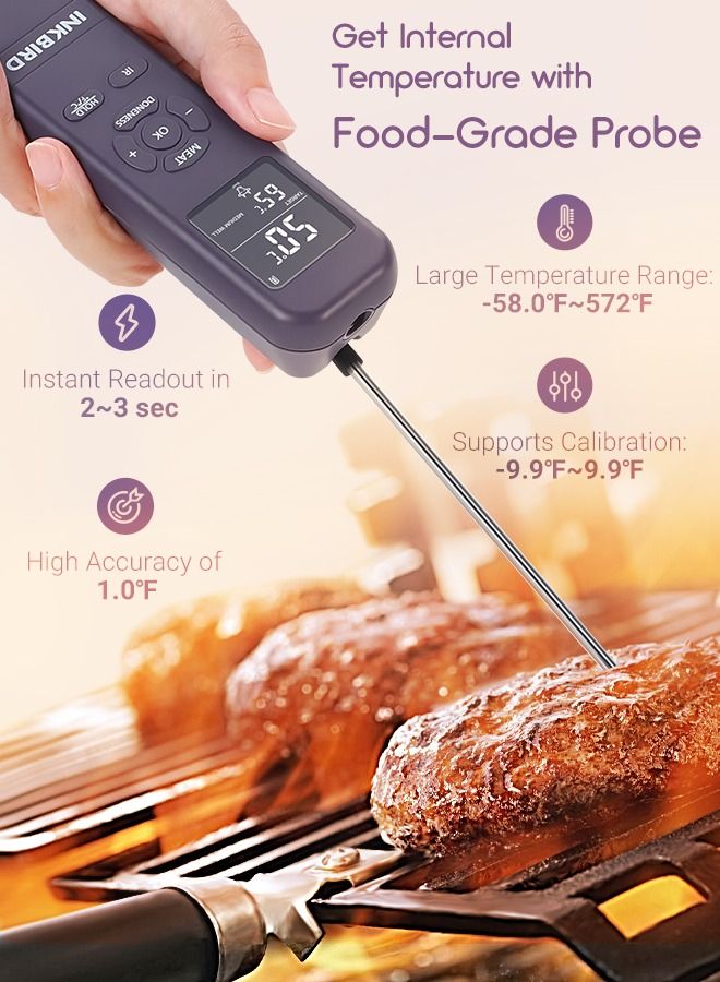 INKBIRD 3-in-1 Instant Read Meat Thermometer Infrared Read Thermometer IHT-1M for Kitchen Cooking Temperature with Meat Probe Digital Food Thermometer with Alarm and Timer for BBQ Grilling Pizza Oven