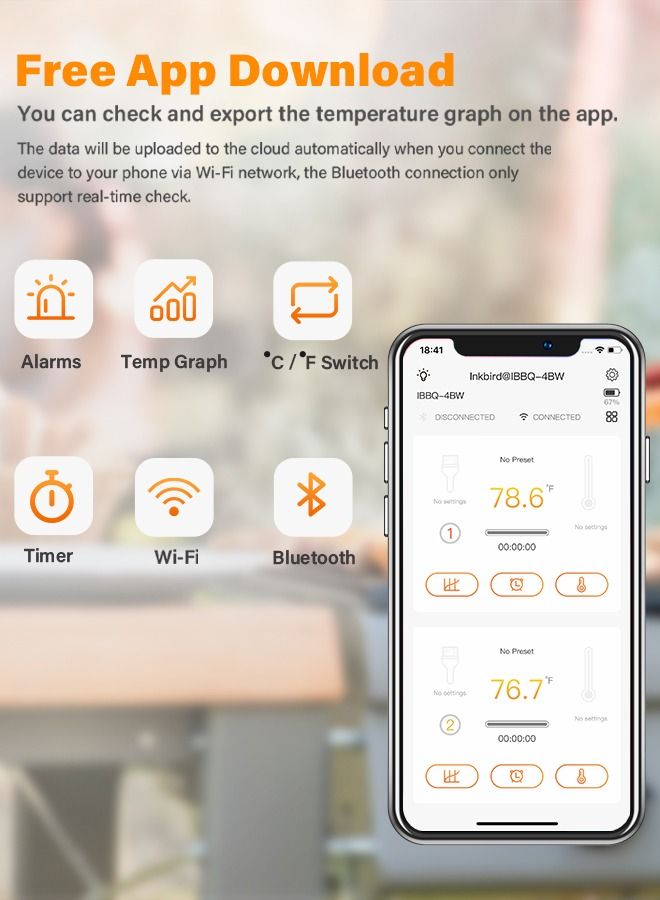 INKBIRD WiFi & Bluetooth Grill Meat Thermometer IBBQ-4BW with 4 Colored Probes Timer High/Low Temp Alarm WiFi Wireless Barbecue Thermometer for Oven Kitchen Support Android & iOS