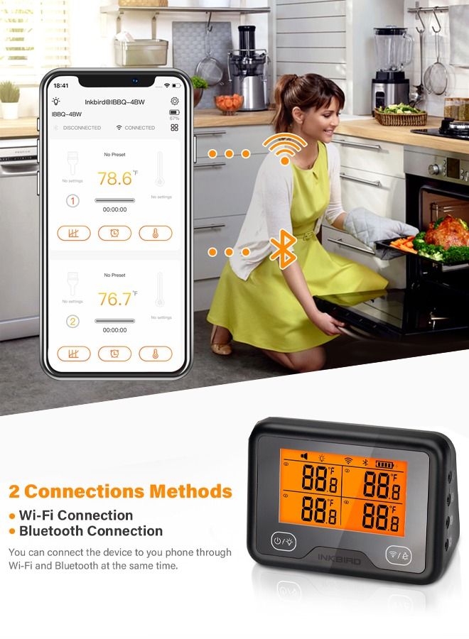 INKBIRD WiFi & Bluetooth Grill Meat Thermometer IBBQ-4BW with 4 Colored Probes Timer High/Low Temp Alarm WiFi Wireless Barbecue Thermometer for Oven Kitchen Support Android & iOS