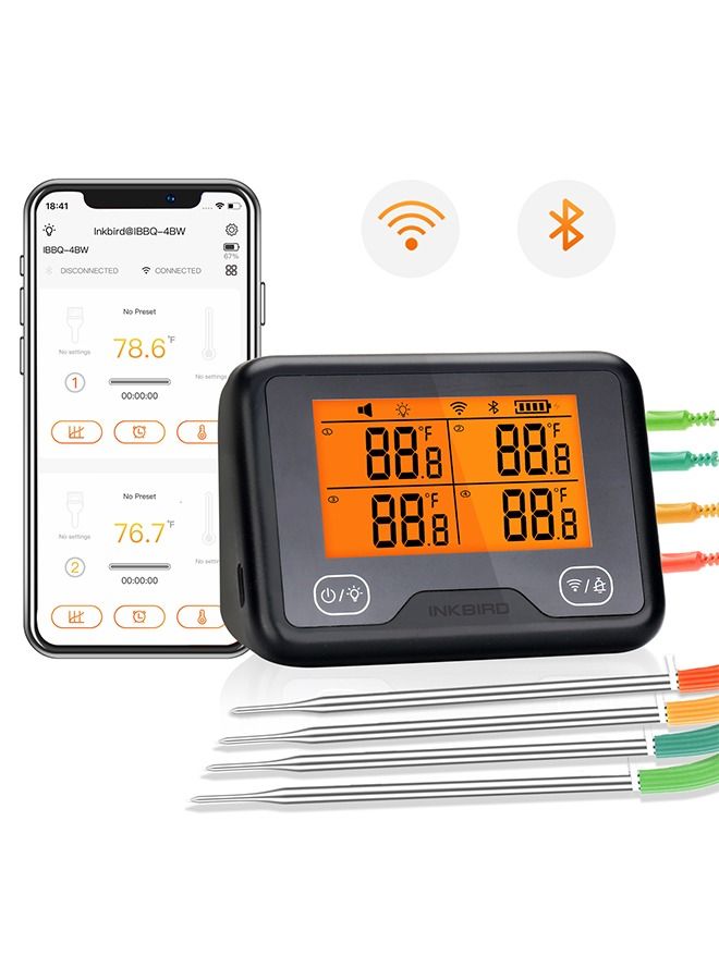 INKBIRD WiFi & Bluetooth Grill Meat Thermometer IBBQ-4BW with 4 Colored Probes Timer High/Low Temp Alarm WiFi Wireless Barbecue Thermometer for Oven Kitchen Support Android & iOS