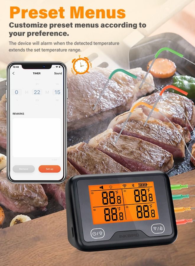 INKBIRD WiFi & Bluetooth Grill Meat Thermometer IBBQ-4BW with 4 Colored Probes Timer High/Low Temp Alarm WiFi Wireless Barbecue Thermometer for Oven Kitchen Support Android & iOS